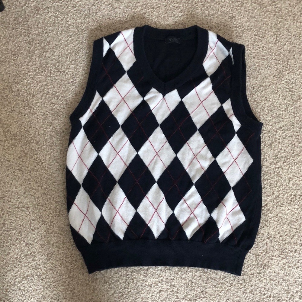 A v-neck sweater that is red, navy blue, and white